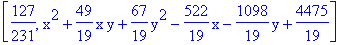 [127/231, x^2+49/19*x*y+67/19*y^2-522/19*x-1098/19*y+4475/19]